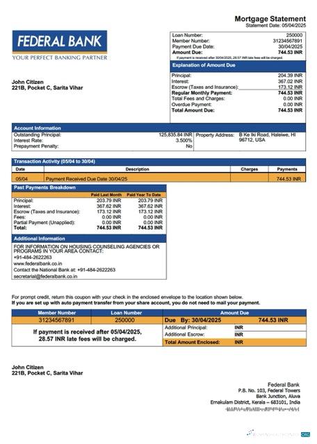 Download India Federal Bank mortgage statement Word and PDF template Photoshop template